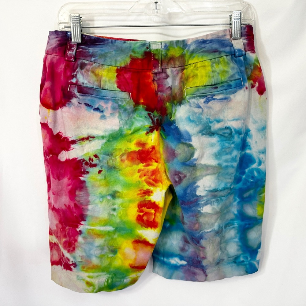 Rafaella Size 10 Shorts Handmade Tie Dye Bermuda Blue Yellow Red Mid Rise 436 - Picture 2 of 12